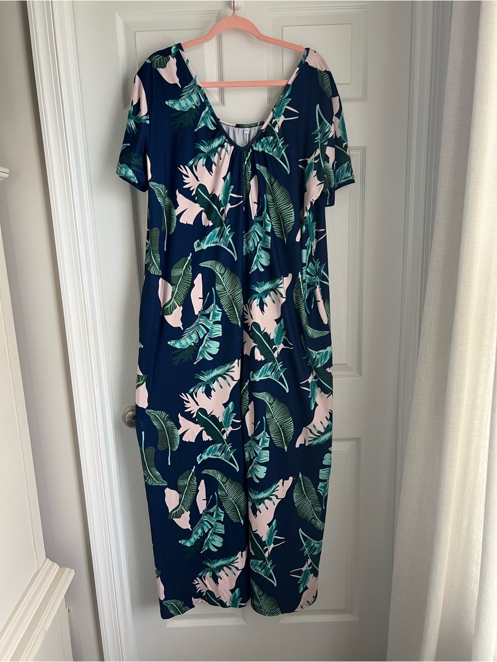 Navy Tropical Leaf V-Neck Jumpsuit with Pink Accents